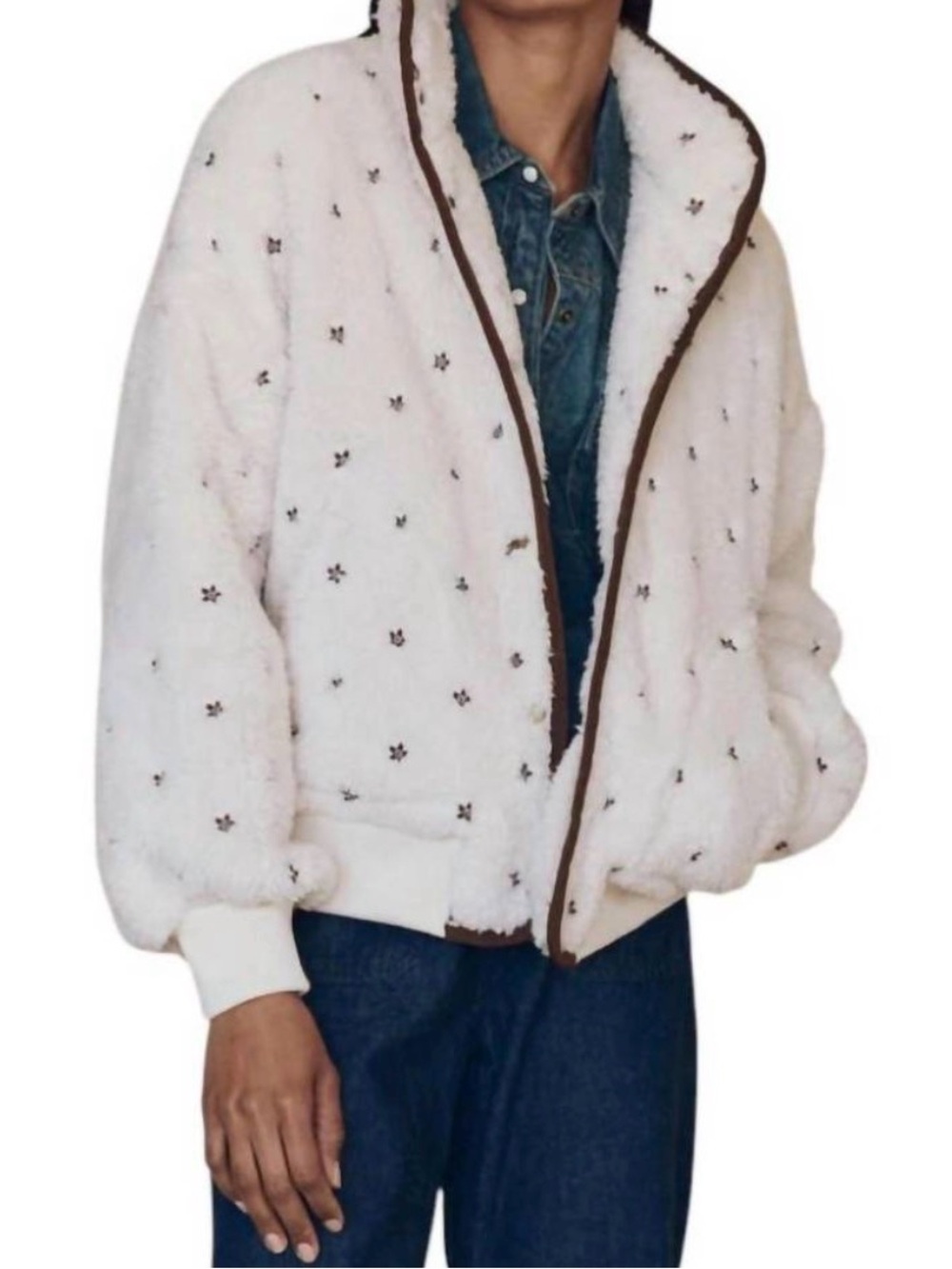 THE GREAT. Blackbird Jacket in Cream - Sherpa Jacket with Brown Trim